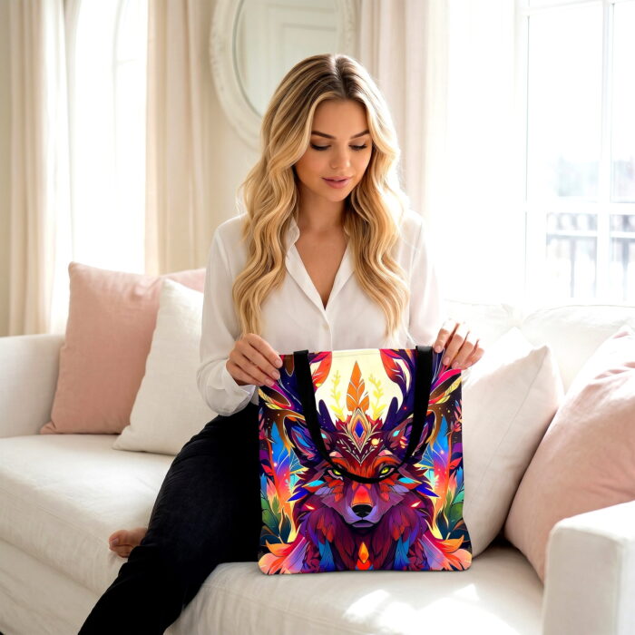 Mystic Wolf Antler Canvas Tote Bag – Vibrant Boho Print - Image 2