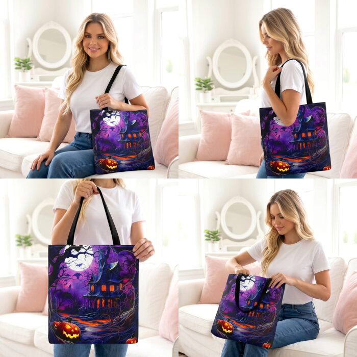 Spooky Pumpkin Haunted House Tote Bag – Halloween Feast Print - Image 4