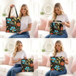 Jeweled Floral Black Canvas Tote Bag – Ornate Gold Design - Image 4