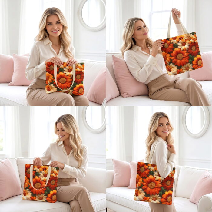 Autumn Daisy Orange Floral Tote Bag — Textured Floral Print - Image 4