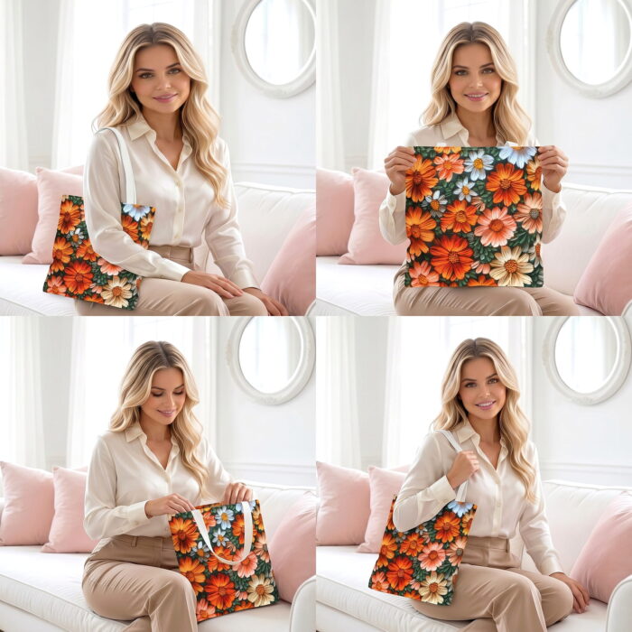 Peach Garden Daisies Canvas Tote Bag – Textured Floral Print - Image 4