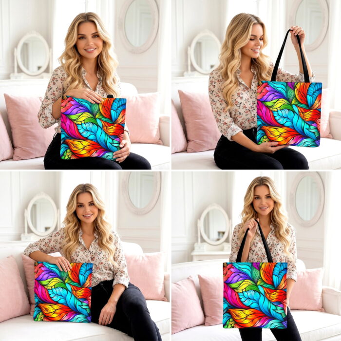 Vibrant Rainbow Feather Canvas Tote Bag – Colorful Abstract Art - Image 4