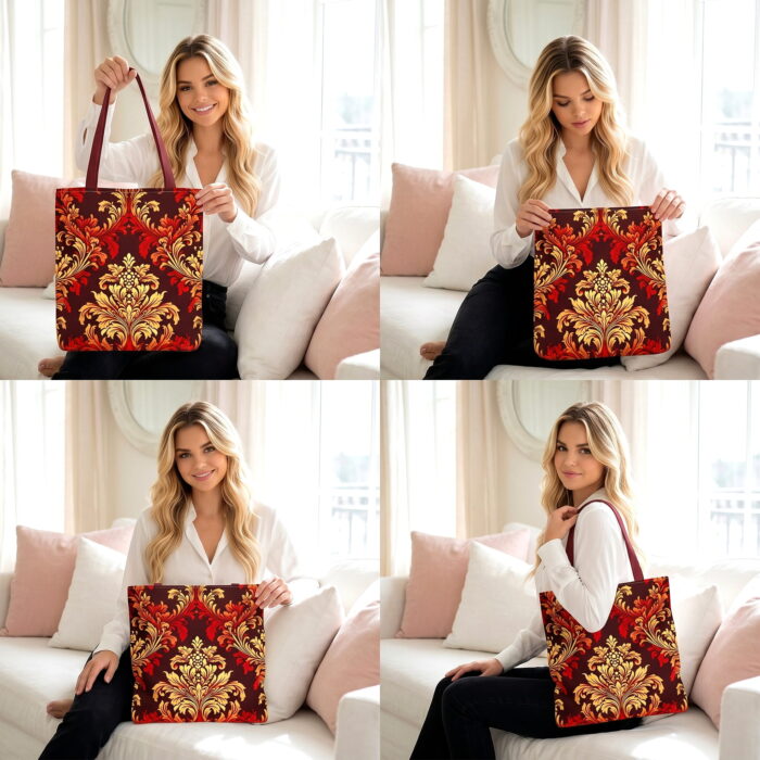 Fiery Damask Baroque Canvas Tote Bag – Ornate Gold Print - Image 4
