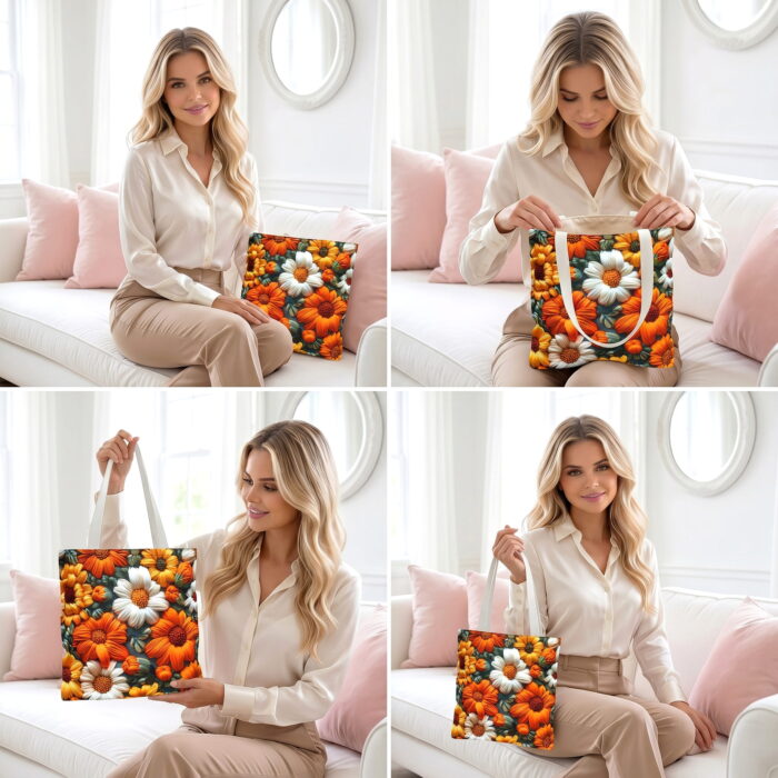 Autumn Orange White Daisy Tote Bag – Textured Floral Print - Image 3