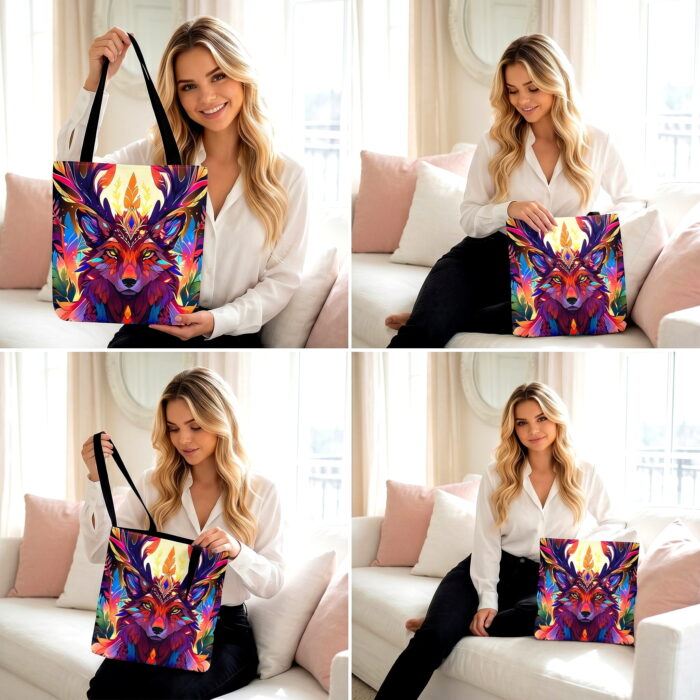 Mystic Wolf Antler Canvas Tote Bag – Vibrant Boho Print - Image 4