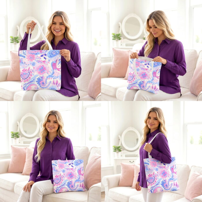 Pink Blue Paisley Floral Canvas Tote Bag – Preppy Boho Print - Image 4