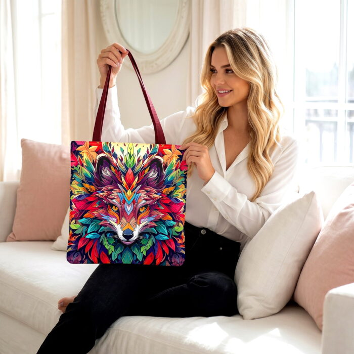 Colorful Fox Mandala Canvas Tote Bag – Vibrant Boho Design - Image 2