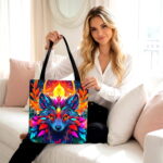 Vibrant Wolf Spirit Canvas Tote Bag – Colorful Boho Design