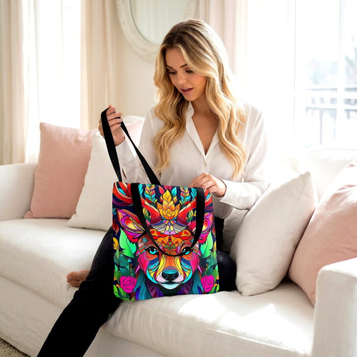Vibrant Deer Mandala Canvas Tote Bag – Colorful Floral Design - Image 2