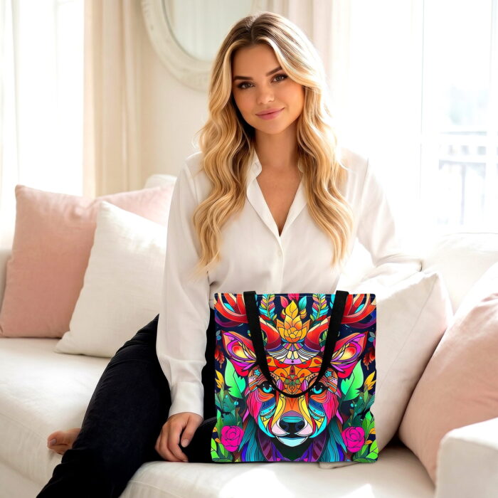 Vibrant Deer Mandala Canvas Tote Bag – Colorful Floral Design - Image 3
