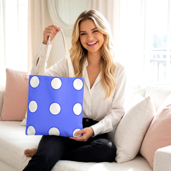 A_woman_with_blonde_wavy_202606152107 Blue Polka Dot Canvas Tote Bag – Classic Retro Print Design - Image 1