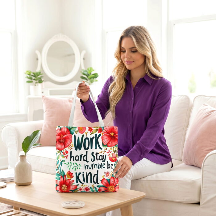 Work Hard Stay Humble Floral Tote Bag – Inspirational Print - Image 2