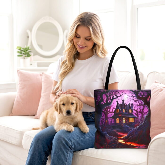 A_woman_with_blonde_wavy_202606240220 (4) Spooky Haunted House Canvas Tote Bag – Halloween Feast Print - Image 1