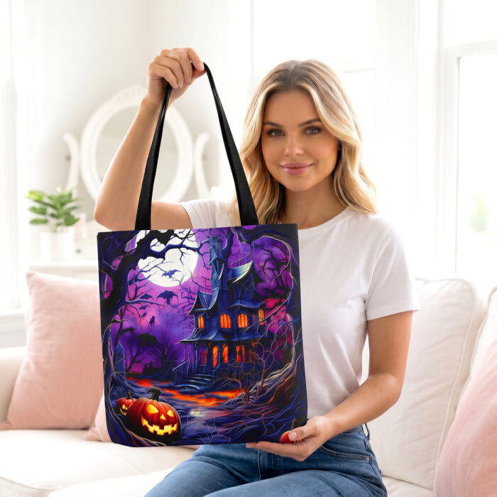 A_woman_with_blonde_wavy_202606240234 (2) Spooky Pumpkin Haunted House Tote Bag – Halloween Feast Print - Image 1
