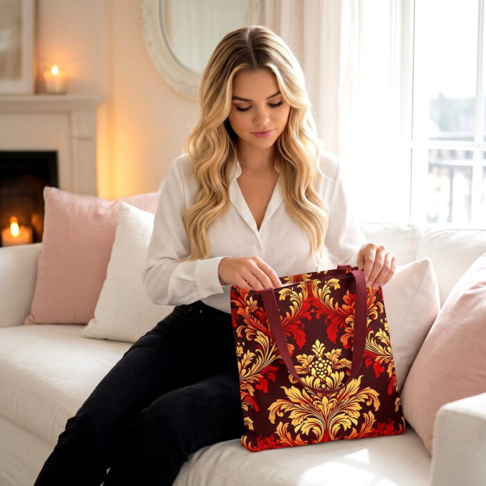 Fiery Damask Baroque Canvas Tote Bag – Ornate Gold Print - Image 3