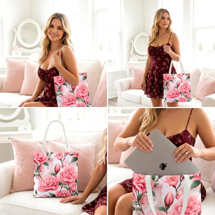 Pink Rose Floral Canvas Tote Bag — Spring Floral Print - Image 3