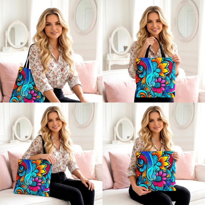 Vibrant Floral Boho Canvas Tote Bag – Colorful Turquoise Print - Image 4