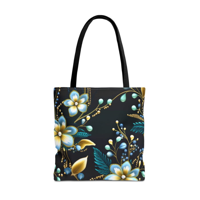 Elegant Blue Floral Noir Canvas Tote Bag – Gold Botanical Print - Image 4