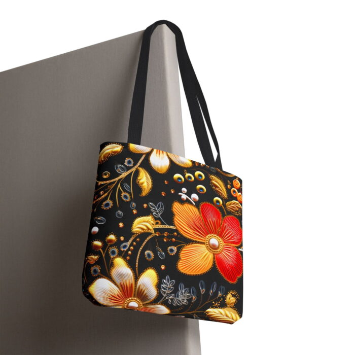Floral Velvet Gold Black Canvas Tote Bag – Red Flower Print - Image 5