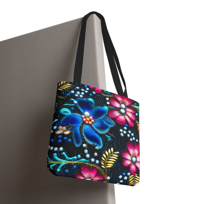 Vibrant Blue Pink Flower Canvas Tote Bag – Ornate Floral Print - Image 5