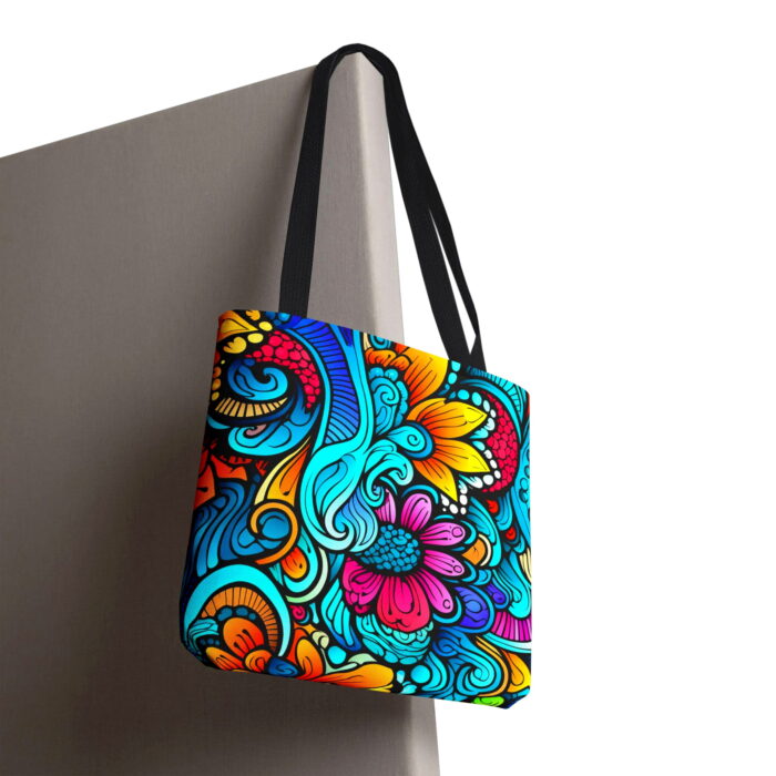 Vibrant Floral Boho Canvas Tote Bag – Colorful Turquoise Print - Image 6