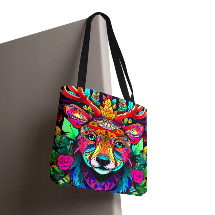 Vibrant Deer Mandala Canvas Tote Bag – Colorful Floral Design - Image 6