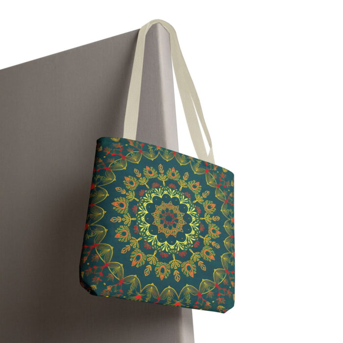 Teal Boho Mandala Canvas Tote Bag – Ornate Floral Design - Image 6