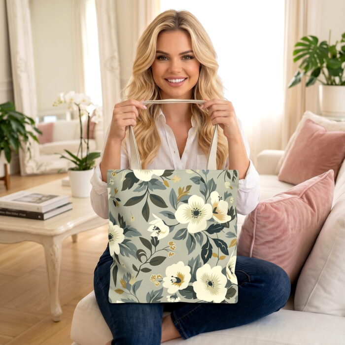 Photorealistic_image_of_the_woman_202606190043 Olive Green Blossom Canvas Tote Bag – Elegant Botanical Print - Image 1