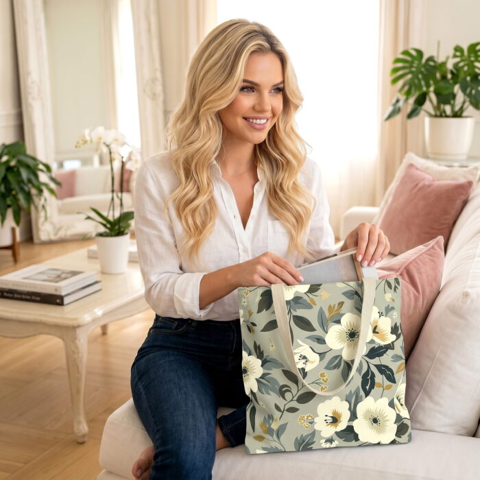 Olive Green Blossom Canvas Tote Bag – Elegant Botanical Print - Image 3