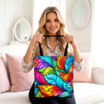 Vibrant Rainbow Feather Canvas Tote Bag – Colorful Abstract Art - Image 3