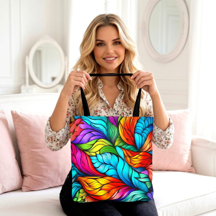 Vibrant Rainbow Feather Canvas Tote Bag – Colorful Abstract Art - Image 3