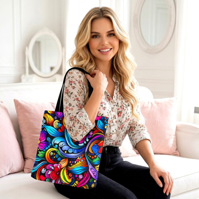 Vibrant Floral Swirl Canvas Tote Bag – Colorful Boho Print - Image 2