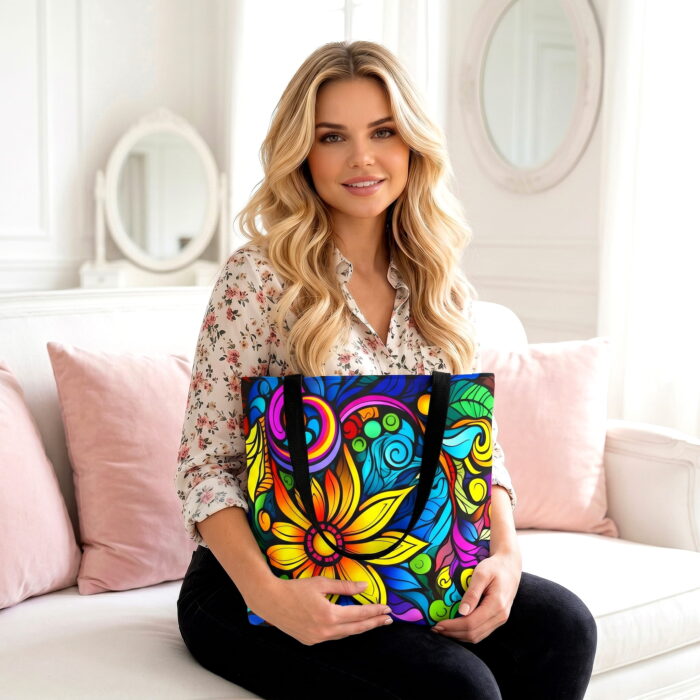 Vibrant Sunflower Mandala Canvas Tote Bag – Colorful Boho Print - Image 3