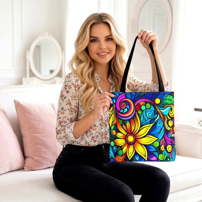 The_woman_from_image_1_202606142153 Vibrant Sunflower Mandala Canvas Tote Bag – Colorful Boho Print - Image 1