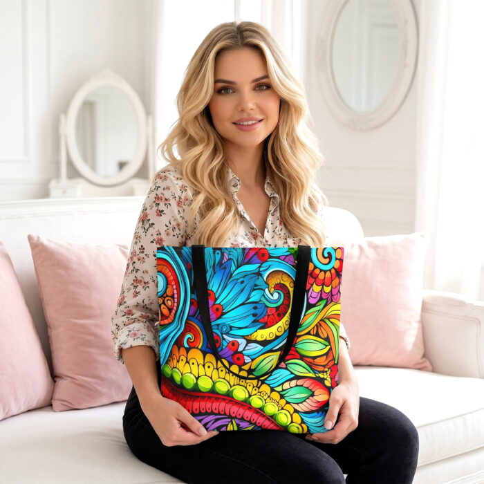 Vibrant Boho Paisley Canvas Tote Bag – Colorful Abstract Art - Image 2