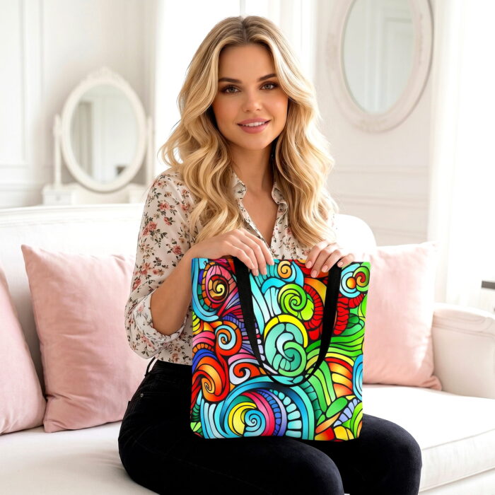The_woman_from_image_1_202606142207 (1) Vibrant Rainbow Swirl Canvas Tote Bag – Colorful Abstract Art - Image 1