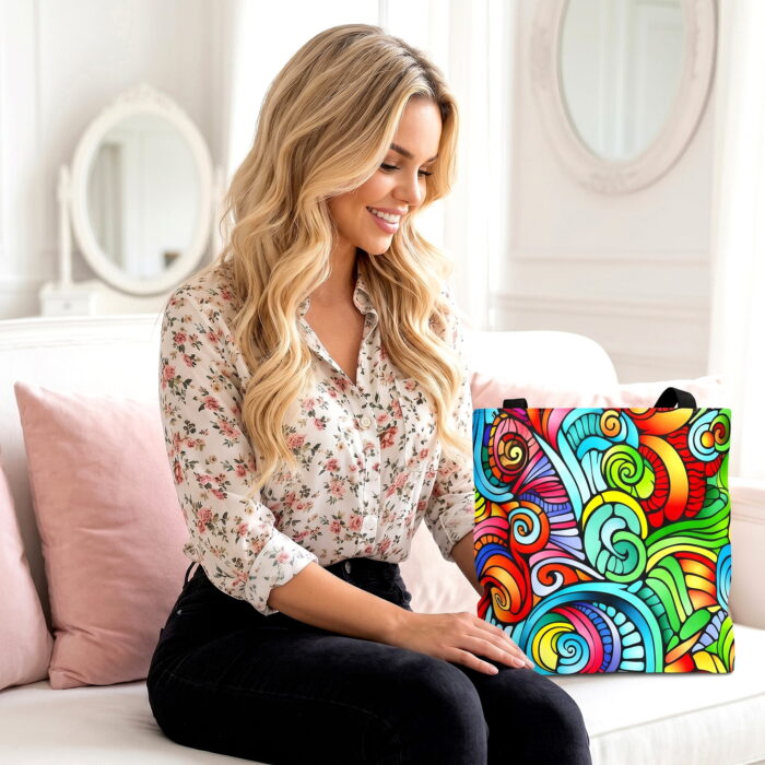 Vibrant Rainbow Swirl Canvas Tote Bag – Colorful Abstract Art - Image 3