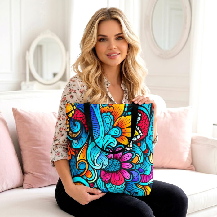 The_woman_from_image_1_202606142213 (1) Vibrant Floral Boho Canvas Tote Bag – Colorful Turquoise Print - Image 1