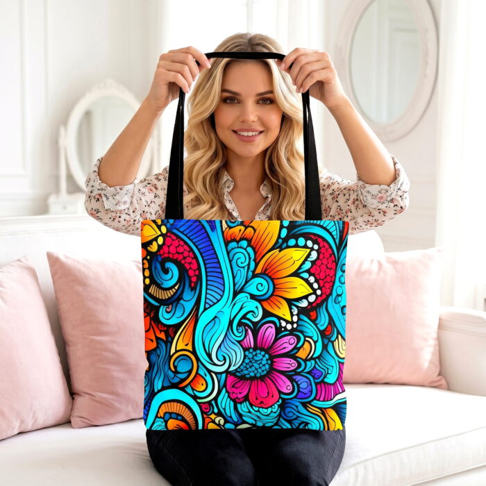Vibrant Floral Boho Canvas Tote Bag – Colorful Turquoise Print - Image 3