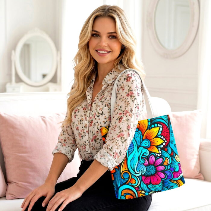 Vibrant Floral Boho Canvas Tote Bag – Colorful Turquoise Print - Image 2