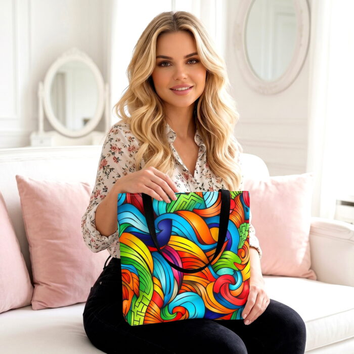 Vibrant Wave Swirl Canvas Tote Bag – Colorful Abstract Art - Image 2