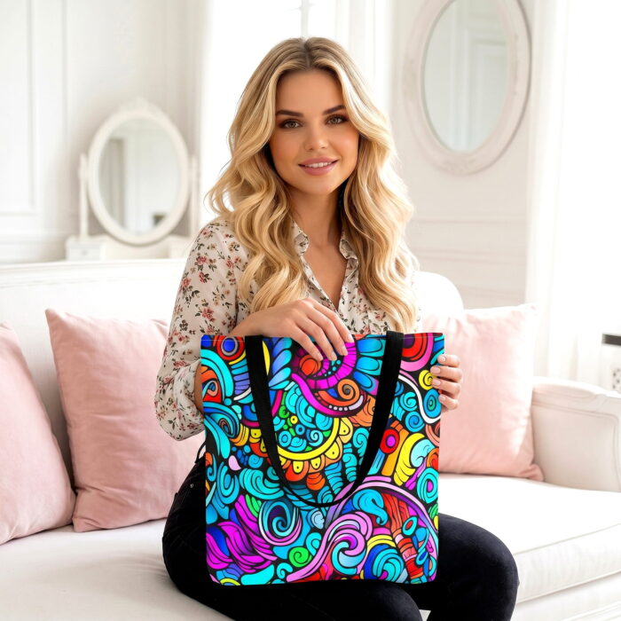 Vibrant Doodle Swirl Canvas Tote Bag – Colorful Psychedelic Art - Image 2