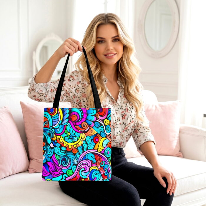 Vibrant Doodle Swirl Canvas Tote Bag – Colorful Psychedelic Art - Image 1