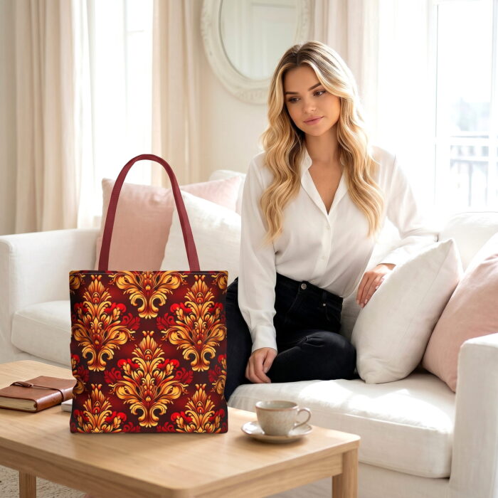 Burgundy Gold Damask Canvas Tote Bag – Ornate Baroque Print - Image 2
