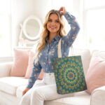 Teal Boho Mandala Canvas Tote Bag – Ornate Floral Design - Image 3