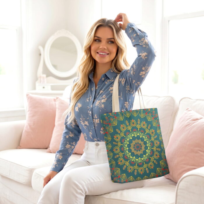 Teal Boho Mandala Canvas Tote Bag – Ornate Floral Design - Image 3