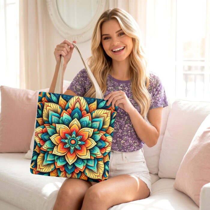 The_woman_from_image_1_202606212134 (1) Vibrant Floral Mandala Canvas Tote Bag – Boho Floral Print - Image 1