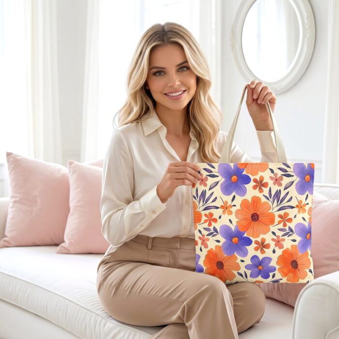 Watercolor Orange Purple Canvas Tote Bag – Cheerful Floral Print - Image 1