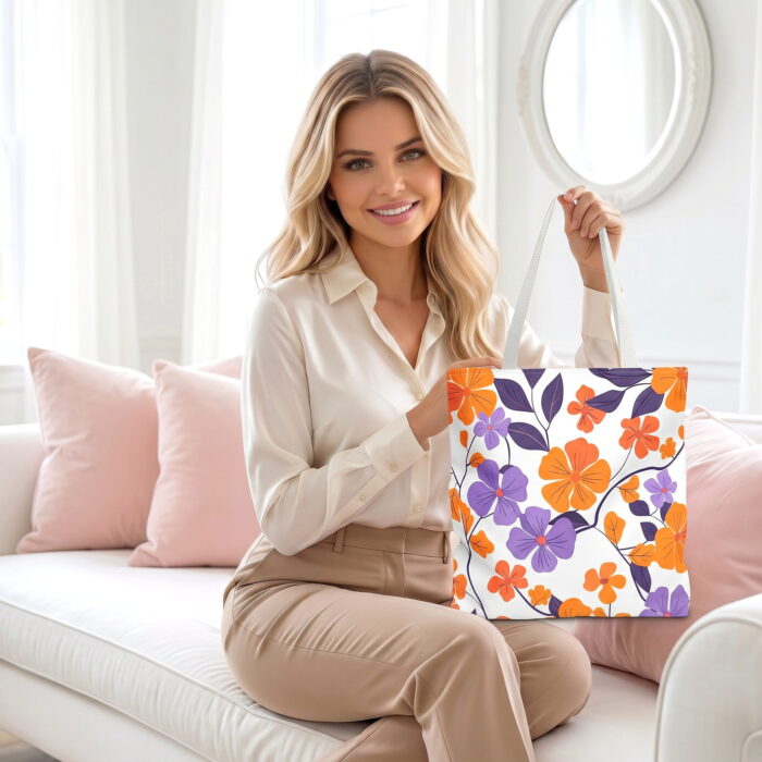 The_woman_from_image_1_202606212256 Orange Purple Vine Canvas Tote Bag – Fresh Floral Design - Image 1