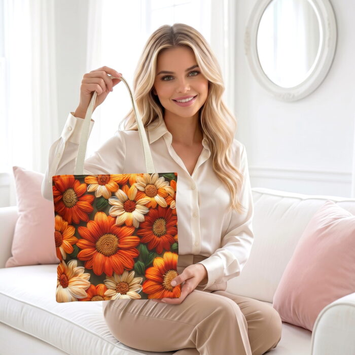 The_woman_from_image_1_202606212324 Autumn Daisy Orange Floral Tote Bag — Textured Floral Print - Image 1